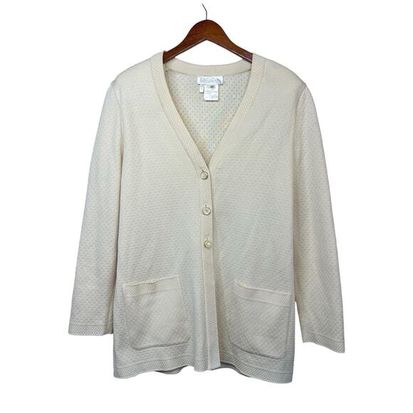 Vintage ESCADA Margaretha Ley Wool Blend Ivory Pockets Buttons Cardigan Size L - Picture 1 of 13